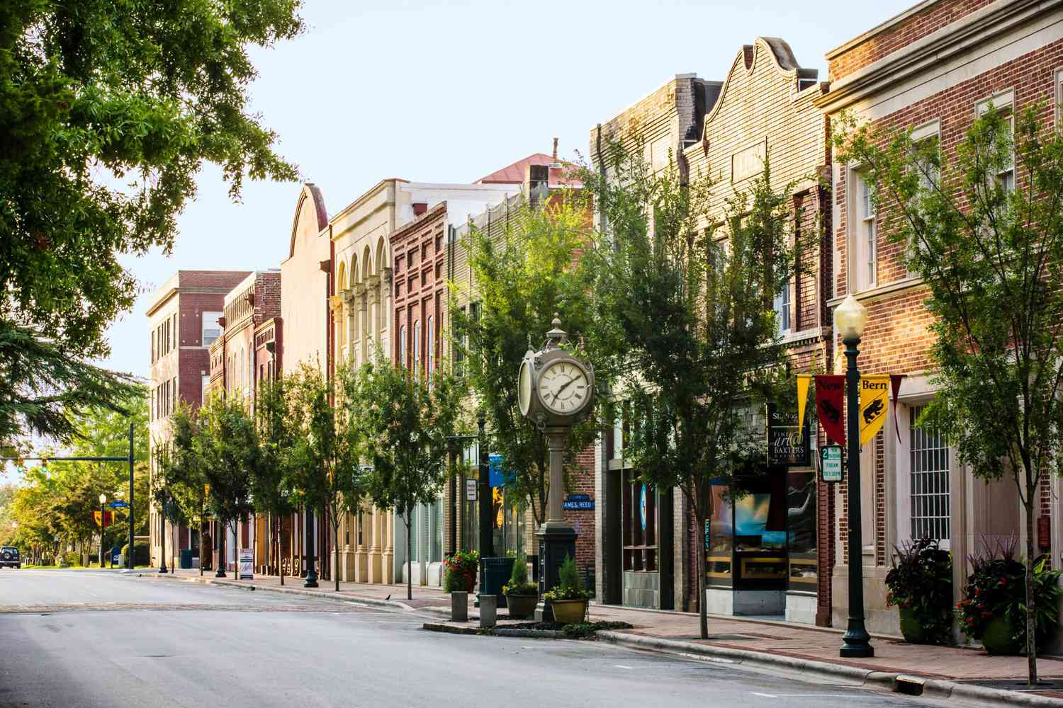 Historic downtown New Bern street at golden hour